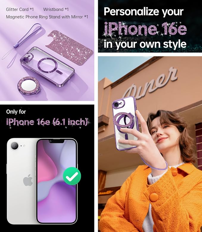 Meifgino Magnetic Case with Removable Phone Ring Stand for iPhone 16E 6.1’’, [Glitter Card & Wrist Strap] [MagSafe Compatible] [Built in Mirror] Phone Ring Stand + Phone Case Kit, Purple