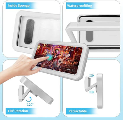 Shower Phone Holder Waterproof, 480° Rotatable Retractable Adjustable Anti-Fog High Sensitivity Touch Screen Bathroom Shower Phone Case, Bathroom Wall Phone Mount for 4-7" Cellphones (White)
