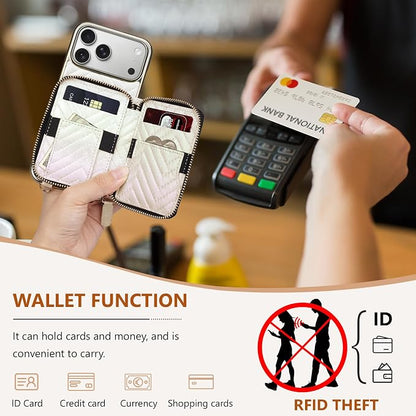 Keallce Wallet Case for iPhone 17 Pro Max 6.9", Crossbody Zipper Purse with Wristlet Strap, 4 Card Slots with RFID Blocking and Kickstand, Electroplated Leather Case for Women (Gold)