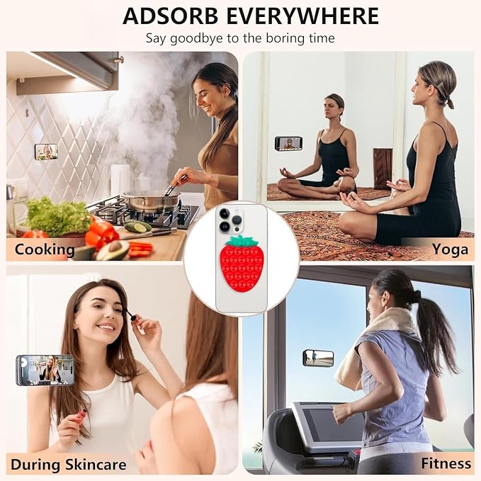 Silicone Phone Grip, 23 Suction Cups, Suitable for Selfies and Videos on Mirrors, bathrooms and Smooth Surfaces, Compatible with iPhone, Samsung(Strawberry Shaped, White)