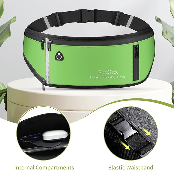 SooGree Slim Running Belt Fanny Pack, Resistant Waist Pack Money Belt Bag for Hiking Cycling Workout, Gym Phone Holder with Adjustable Strap (Green)