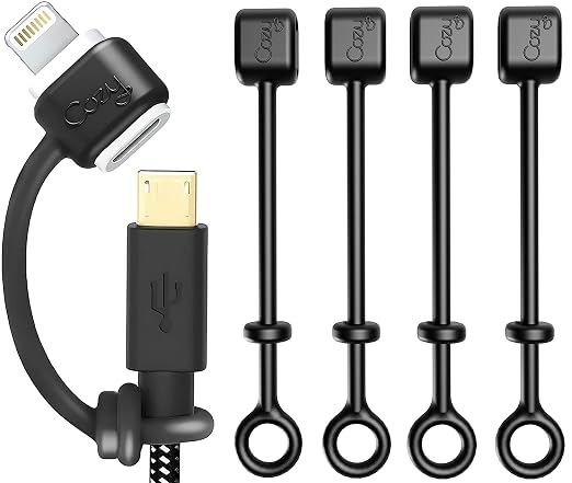 Cozy Charging Cable Keeper Adapter Tether Holder Compatible with Apple Pencil USB-C Micro USB, Keychain, Car, Travel, Black, 5-Pack