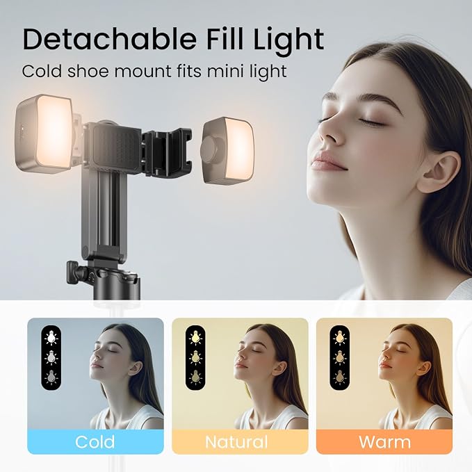 Portable Selfie Stick Tripod with Dual Fill Lights & Bluetooth Remote – 3-in-1 Pocket Size Phone Tripod with 2 Cold Shoe Mounts for iPhone Android – Mini Video Stand for Live Streaming