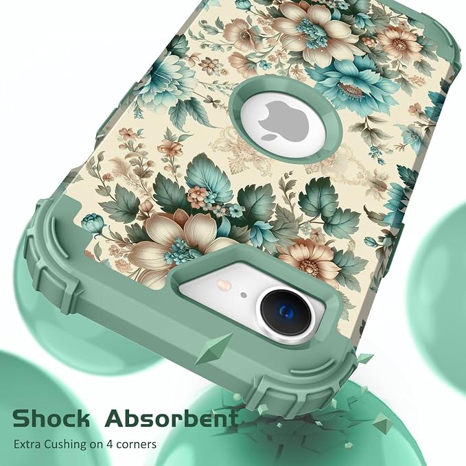 Hocase for iPhone 17e/iPhone 16e Case, Heavy Duty Shockproof Protection Hard Plastic+Silicone Rubber Hybrid Protective Phone Case for iPhone 17e/16e 6.1" - Teal Blue Flowers