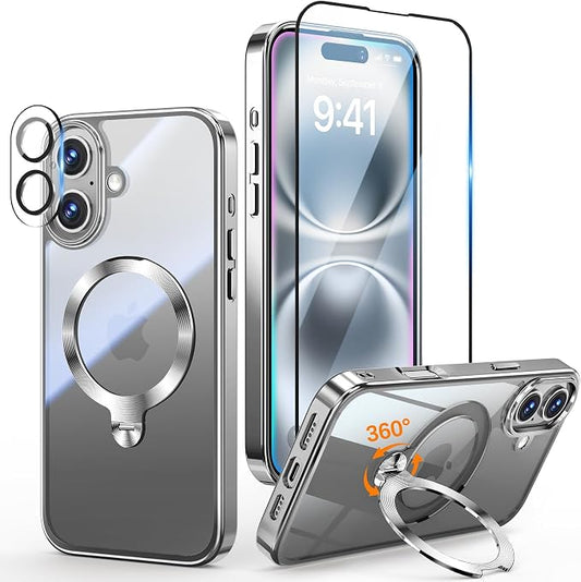 [Tri-Shield Protection] for iPhone 16 Case with 360° Spin Stand Compatible with MagSafe [Magnetic CD Ring] [Screen & Camera Lens Protector] Shockproof Plating Never-Yellowing, Natural Titanium-6.1"