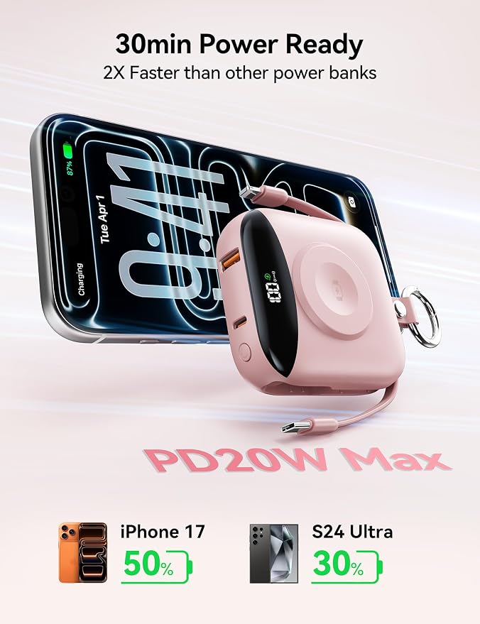 Portable Charger Power Bank, 10000mAh Fast Charging Power Bank with Built-in Cables, Travel Keychain Battery Pack with LED Display for iPhone Samsung Android iPad iWatch Charger 11/10/9/8/Ultra,Pink