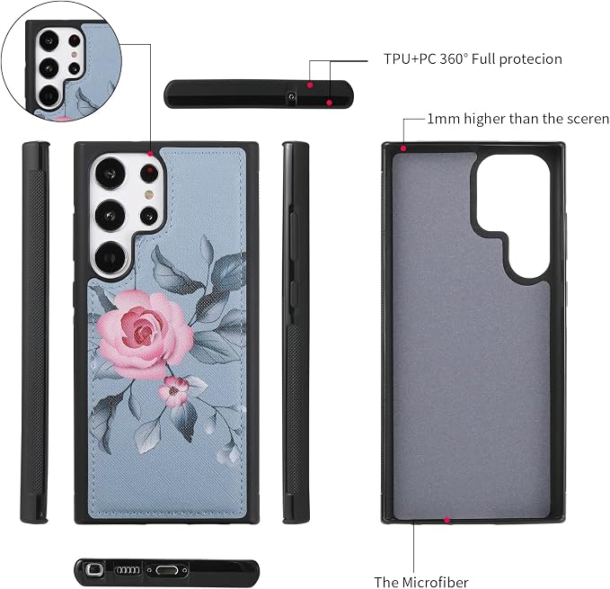 LITOU Compatible for Samsung Galaxy S26 Plus Crossbody Phone Case,Detachable Magnetic,Card Holder,Zipper Leather Wallet Wrist Lanyard Strap Case for Women Men.BlueFlower