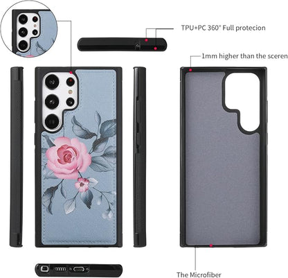 LITOU Compatible for Samsung Galaxy S26 Ultra Crossbody Phone Case,Detachable Magnetic,Card Holder,Zipper Leather Wallet Wrist Lanyard Strap Case for Women Men.BlueFlower
