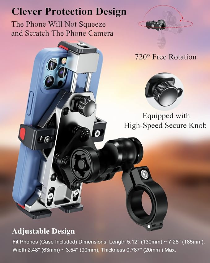 BRCOVAN Anti-Theft Aluminum Alloy Motorcycle Phone Mount with Vibration Dampener & Secure Lock, Adjustable Motorcycle Handlebar Cellphone Holder for Bike Bicycle Scooter ATV, Fit 4.7-7.2'' Smartphone