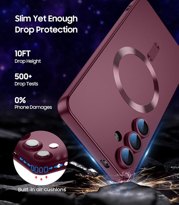 Magnetic for Samsung Galaxy S24 Case [Compatible with MagSafe][Built-in Camera Lens Protector] Slim Soft Silicone Bumper Shockproof Metallic Luster Phone Case (Burgundy)