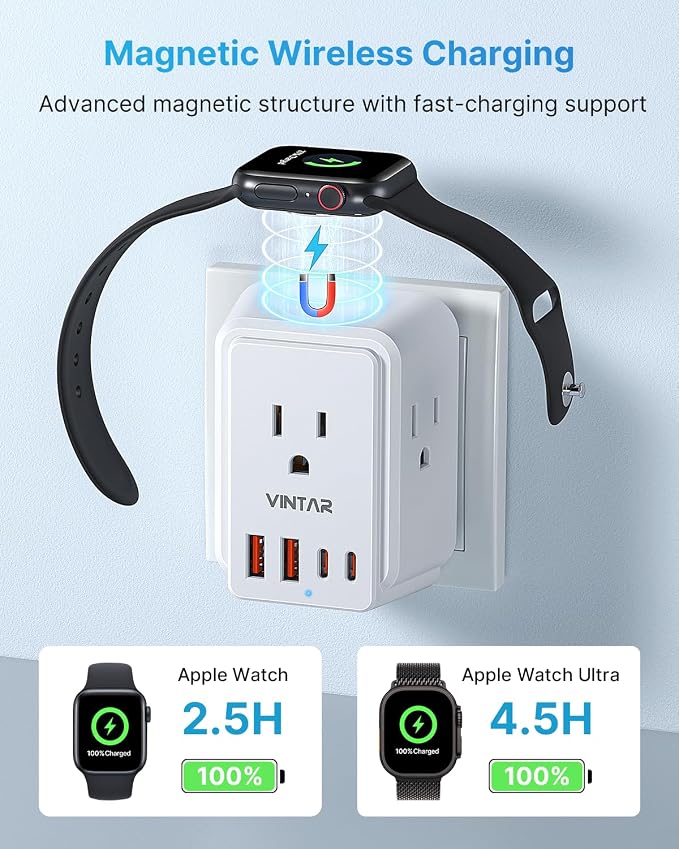 Universal Travel Adapter Kit for Apple Watch Charger, VINTAR International Power Adapter with 3 AC Outlets 4 USB Ports (2 USB C), Type A/B/C/D/G/I/M Detachable Plugs, US to Europe/UK/India/Africa
