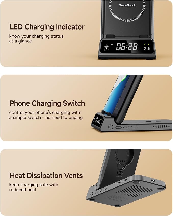 Charging Station for Samsung S26 Ultra, Wireless Charger for Galaxy S26/S25/S24/S23 Series, Galaxy Watch 8/8 Classic/Ultra/7/6/5, Galaxy Buds 3 Pro/3, SwanScout 703S (No Adapter)