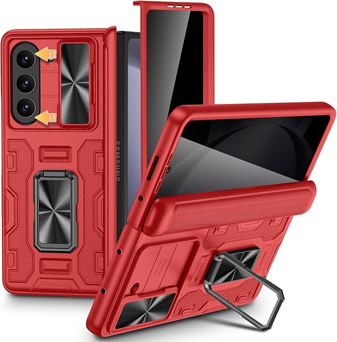 VEGO for Z Fold 5 Phone Case with Stand, Built-in Privacy Screen Protector | Slide Camera Cover Full Body Hinge Drop Protection Hard PC Shockproof Phone Case for Samsung Galaxy Z Fold 5 5G 2023 - Red