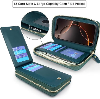 Lacass for iPhone 16 Pro Max 6.9 inch 2024 Wallet Case, Crossbody Dual Zipper Detachable Magnetic Leather Wallet Case Cover Wristlets Wrist Strap 13 Card Slots Money Pocket(Floral Cyan Green)