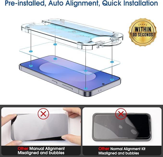 amFilm Auto-Alignment OneTouch for Samsung Galaxy S25 FE 6.7'' Screen Protector + Camera Lens Protector,Tempered Glass, 30 seconds Installation, Bubble Free, Case Friendly, Anti-Scratch [2+2 Pack]