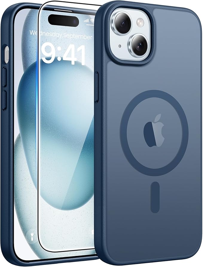 FNTCASE for iPhone 15 Case: for iPhone 14 & iPhone 13 Case [with Screen Protector] Magnetic Translucent Matte | Military Grade Drop Protection | Shockproof Phone Cover Protective Cases - Blue