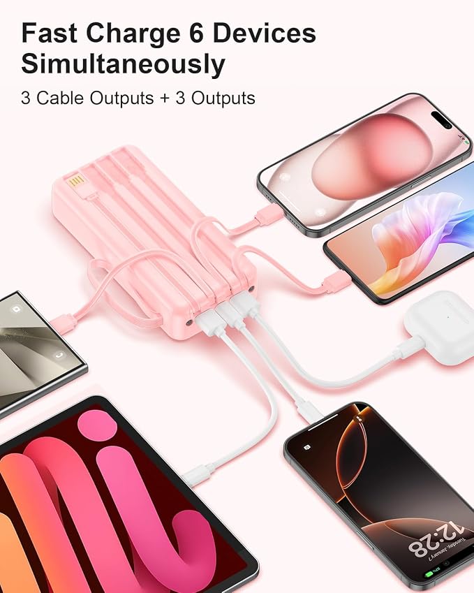 Portable Charger 27000mAh 30W Fast Charging Power Bank | Built-in Cables, LED Display, 6 Outputs & 2 Inputs, USB C Battery Pack, Compatible with iPhone, Samsung, Google