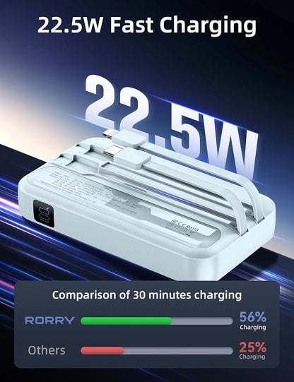 RORRY Portable Charger w/Wall Plug 10000mAh Power Bank 22.5W Battery Pack | Built in Cables, Fast Charging, for iPhone, iPad, Samsung Galaxy, Pixel, LG, Travel Essential, Digital Display, Pocket Size