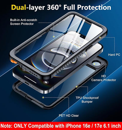 SPIDERCASE for iPhone 16e Case/iPhone 17e Case Waterproof,Built-in Screen & Camera Lens Protector[IP68 Underwater] Full Body Protection Phone Case for iPhone 16e/iPhone 17e 6.1'', Black/Clear