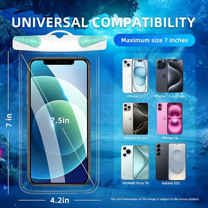 IPX8 Waterproof Phone Pouch for 16/15/14/13/12 Pro Max & Galaxy S24/S23 Samsung's Waterproof Phone case with lanyard ,Cellphone Dry Bag Beach Essentials-2 bag 7.5 inches (White green)
