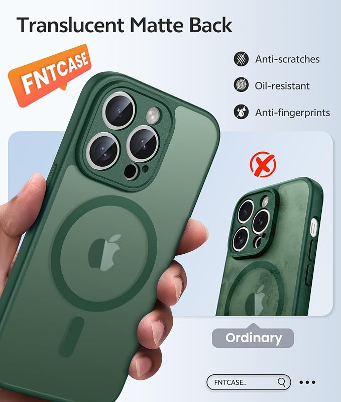FNTCASE for iPhone 14 Pro Max Case: [Compatible with Magsafe] Translucent Matte Cases with [Full Camera Protection] [Screen Protector] Military Grade Shockproof Protective Phone Cover - Green