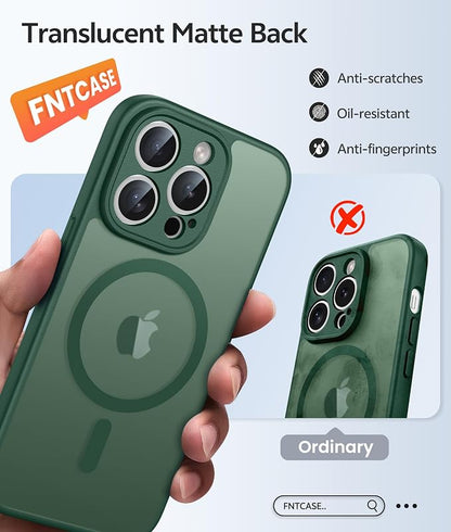 FNTCASE for iPhone 15 Pro Max Case: [Compatible with Magsafe] Translucent Matte Cases with [Full Camera Protection] [Screen Protector] Military Grade Shockproof Protective Phone Cover - Green