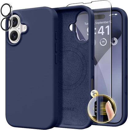 GONEZ Magnetic for iPhone 16 Case, Compatible with MagSafe, [Screen Protector + Camera Lens Protector], Liquid Silicone Shockproof Protective Phone Case for iPhone 16 6.1", Midnight Blue