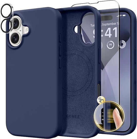 GONEZ Magnetic for iPhone 16 Case, Compatible with MagSafe, [Screen Protector + Camera Lens Protector], Liquid Silicone Shockproof Protective Phone Case for iPhone 16 6.1", Midnight Blue