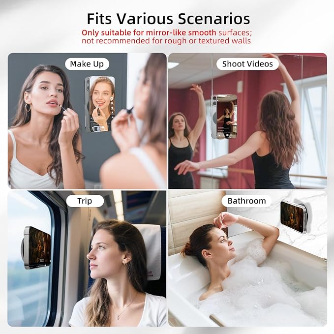 pop-tech Magnetic Vacuum Suction Mirror Phone Holder (Smooth Mirror Surface Only), Gym Bathroom Kitchen Shower Phone Mount for Magsafe iPhone Android Makeup, Selfies, Videos