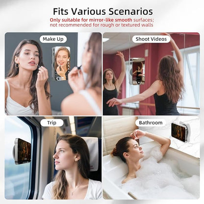 pop-tech Magnetic Vacuum Suction Mirror Phone Holder (Smooth Mirror Surface Only), Gym Bathroom Kitchen Shower Phone Mount for Magsafe iPhone Android Makeup, Selfies, Videos