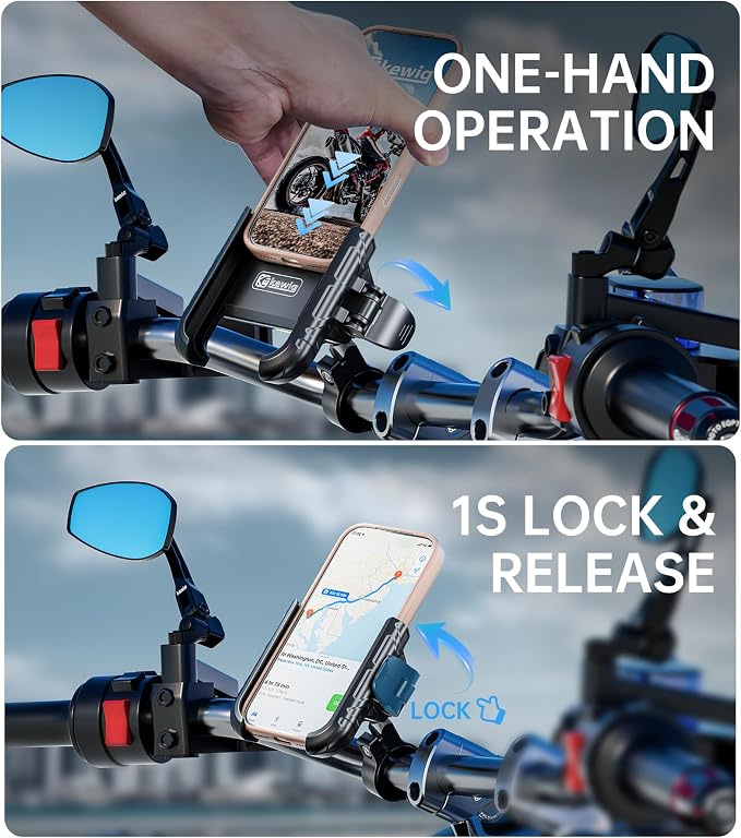 Kewig Motorcycle Phone Mount with Aluminum Alloy Mounting Base [Camera Friendly] [1s Lock & Release] Bike Handlebar Cellphone Holder for Scooter Bicycle ATV, Fit 5.4-7.2" Smartphone