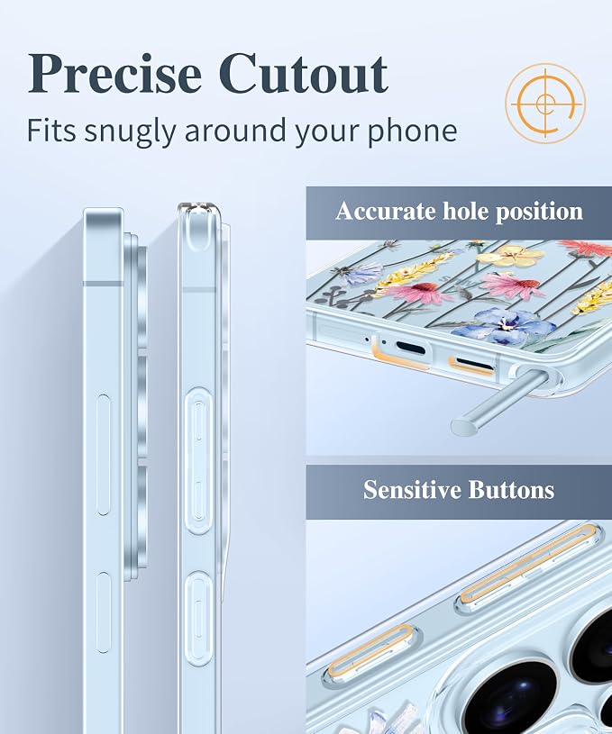 GVIEWIN for Samsung Galaxy S26 Ultra Case, Clear Floral Slim Shockproof Protective Women Phone Case, Non-Yellowing, with Screen Protector & Camera Lens Protector for S26 Ultra 6.9", Aconite/Light Blue
