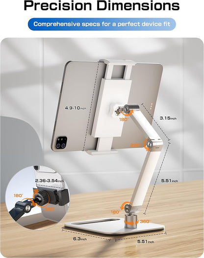 Tablet Stand Holder for iPad, Portable Monitor Stand Holder 15.6'',16'', Aluminum Alloy Foldable Arm Mount with 360° Swivel Desk Mount Compatible with 4.7-16inch Tablet, Cell Phone (White)