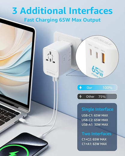 Universal Travel Adapter, 2 USB-C ＆ 1 USB-A, Cover 200+ Countries | GaN 65W, International Plug Adapter, All in One Portable Adapter, NOT A Voltage Converter, for USA, UK, EU, AU (White)