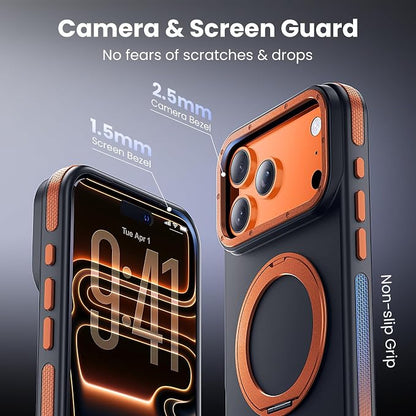 Strong Magnetic Case for iPhone 17 Pro(6.3", 2025) with Stand, Drop-Proof Bumper Cover with Contrast Color Border, Military-Grade Drop Protection, Shockproof Slim Thin Cover,Orange