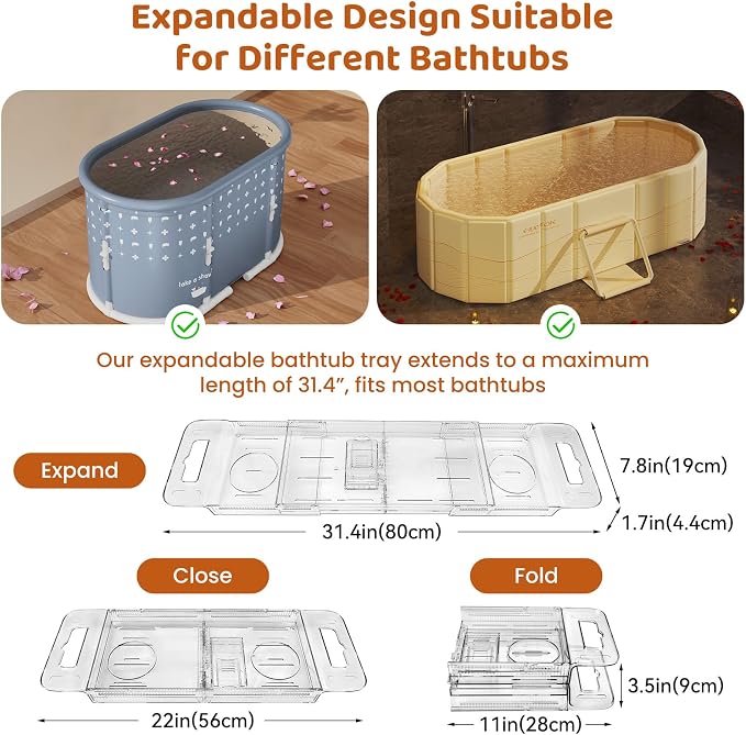 Expandable Bathtub Tray, Foldable Bath Tray for Tub, Acrylic Bath Table Trays Storage Rack, Bath Tub Tray for Bathtub & Bathroom Accessories (Transparent Bathtub Tray, 22"L x 7.8"W x 1.7"H)