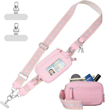 Tiostep Clip and Go Strap for Phone with Wallet Crossbody Phone Lanyard with Anti-Theft Zipper Pouch Detachable Quilted Wrist Wallet with RFID and ID Window for Daily Travel.
