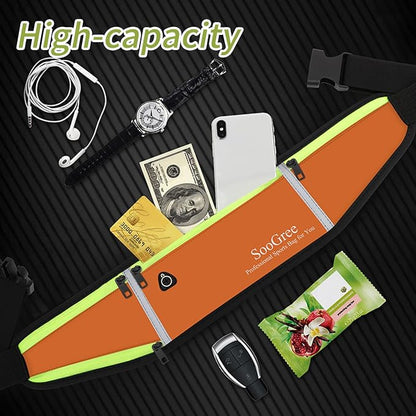 SooGree Men Women Running Belts,Slim Sport Belts,Waterproof Running Fanny Pack,Waterproof Running Waist Packs with Reflective Strip,Runner Belt for Running Walking Cycling Camping Gym (Orange)