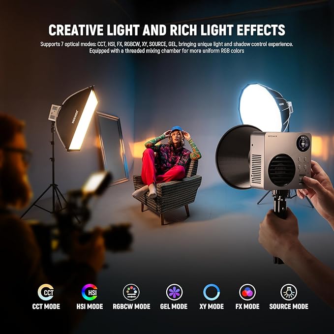 NEEWER HB80C 80W RGBWW LED Video Light with 72Wh Battery & 100W PD Fast Charging, 10400lux/m Brightness, 2500K-7500K CCT, 18 Lighting Effects, Bowens Spotlight for Studio Photography & Video Recording