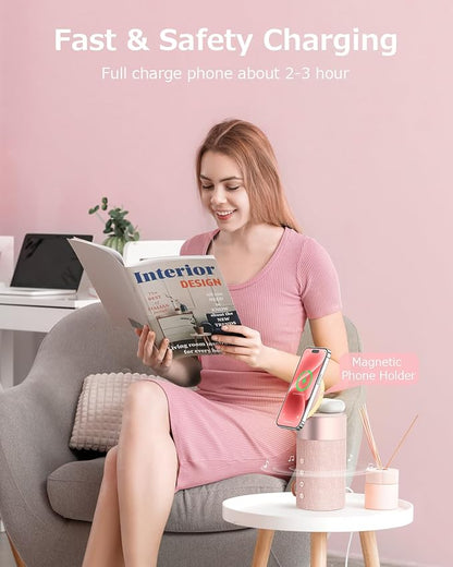 COLSUR Bluetooth Speaker, Magnetic Wireless Charger, Bluetooth Speakers with Night Light, 2 in 1 Wireless Charging Station for iPhone 17/16/15/14/13/12 Series, AirPods Pro 2/4/3/2（Gift Ideal） (Pink)