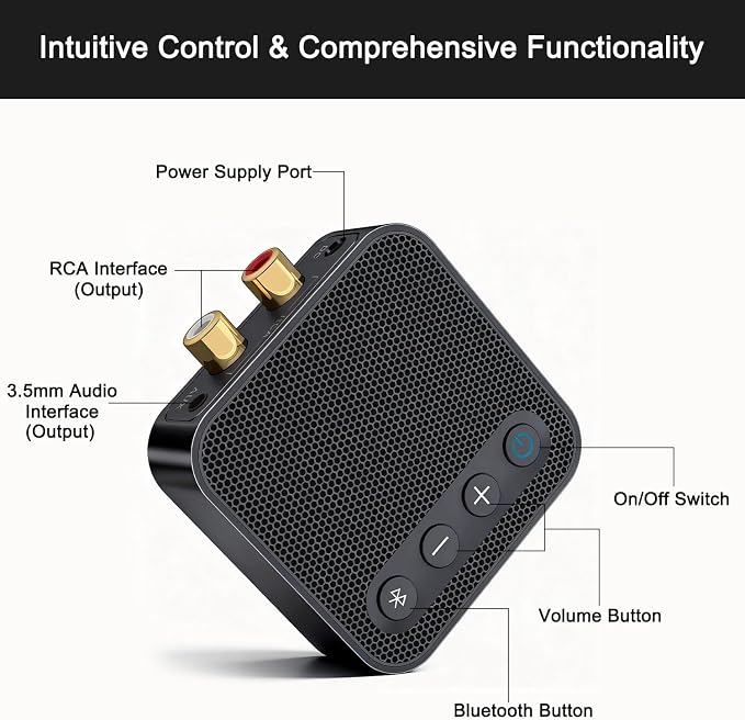 Bluetooth 6.0 Receiver for Home Stereo - Bluetooth Audio Adapter for Old Stereo/Wired Speakers/Music Streaming Sound System with RCA/AUX Long Range Low Latency and HD Audio