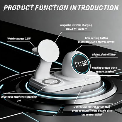 Wireless Charging Station with Clock,6-in-1 Charging Stand for Multiple Devices for iPhone 17 16 15 14 13 12 Pro Max, Apple Watch, Airpods, Bluetooth Speaker + RGB Light