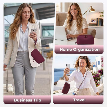 FYY Travel Cable Organizer - 8 Compartments, Lightweight, Water Repellent | With Wrist Strap, Portable Tech Pouch for Cord Charger, Travel and Business Trips Use, Soft Shell Nylon, Wine Red (Small)