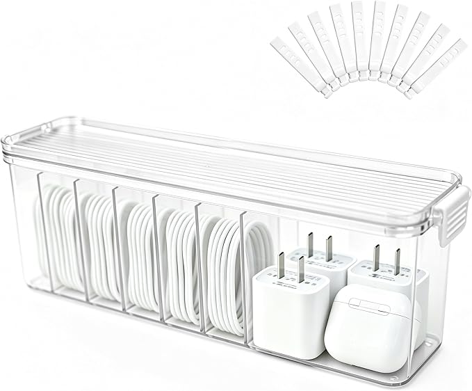 TexHome Cable Organizer Boxes Clear Charger Cable Storage Boxes with Lid and Cable Straps, Plastic Electronics Cord Organizer for Office Desk Home Drawer Accessories Storage, Clear