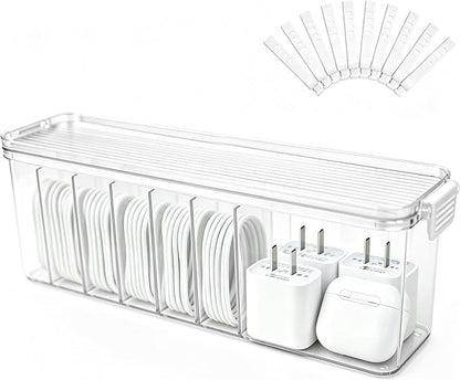 TexHome Cable Organizer Boxes Clear Charger Cable Storage Boxes with Lid and Cable Straps, Plastic Electronics Cord Organizer for Office Desk Home Drawer Accessories Storage, Clear