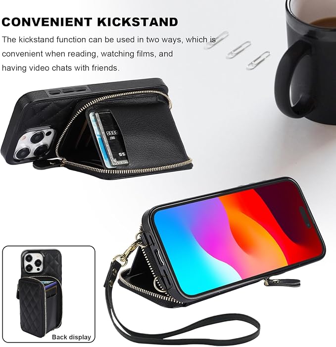 Bocasal Crossbody Wallet Case for iPhone 15 Pro Max, RFID Blocking PU Leather Zipper Handbag Purse Flip Cover, Kickstand Folio Case with Card Slots Holder Wrist Strap Lanyard 5G 6.7 Inch (Black)