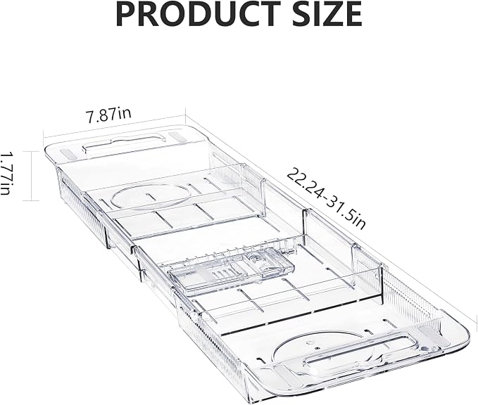 Expandable Bathtub Tray (22-31") - Transparent Bath Caddy with Non-Slip Pads, Adjustable Spa Table for Wine, Books & Phone, Perfect Housewarming for Women