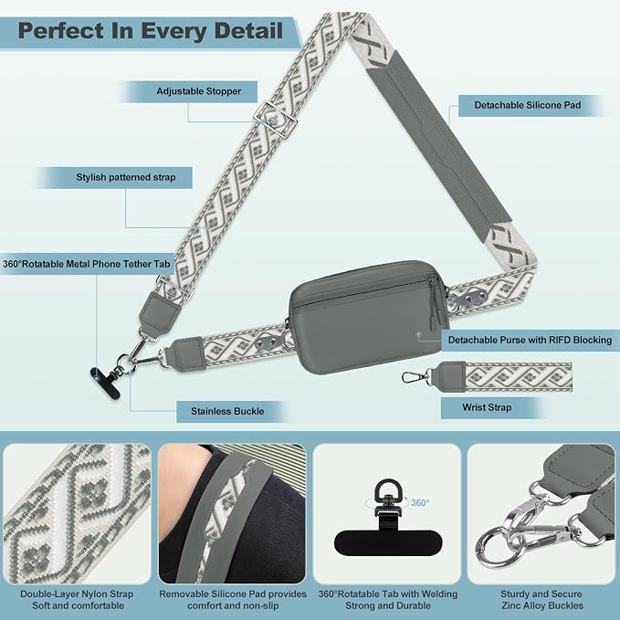 YFWE Clip and Go Strap for Phone with Wallet Crossbody, Adjustable Phone Lanyard with Detachable RFID Wristlet Wallet, Pattern Strap - Grey(L)