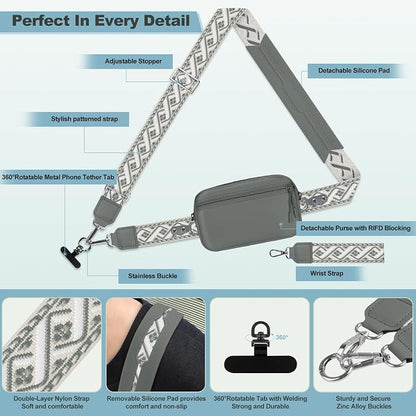 YFWE Clip and Go Strap for Phone with Wallet Crossbody, Adjustable Phone Lanyard with Detachable RFID Wristlet Wallet, Pattern Strap - Grey(L)