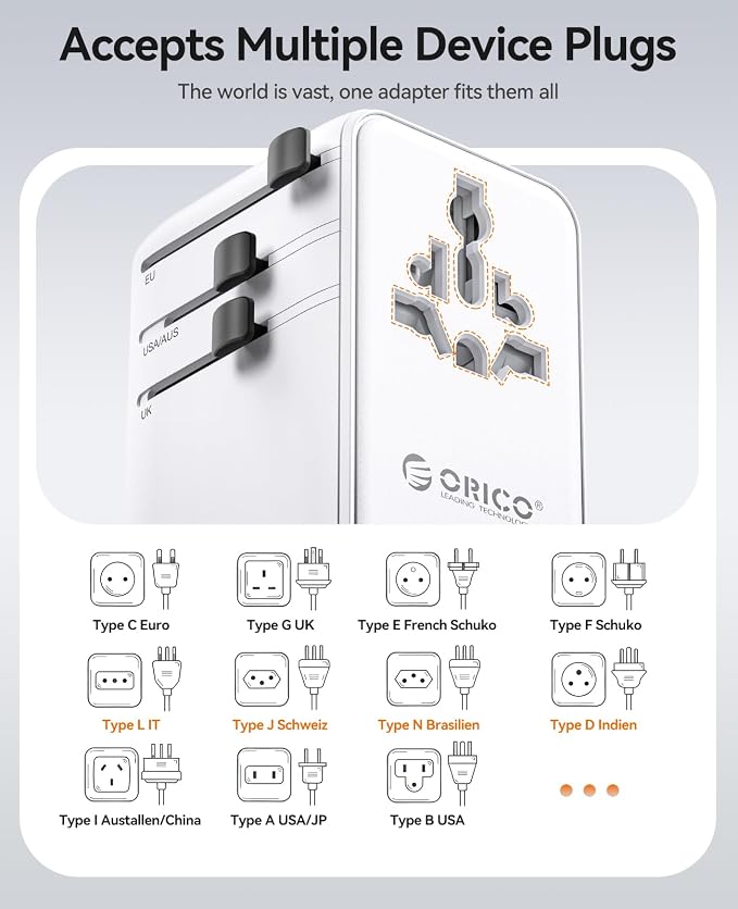 ORICO Universal Travel Adapter 100W GaN International Power Adapter | 7 in 1 (2 AC, 3 USB-C, 2 USB-A) European Travel Plug Adapter, Built-in Retractable USB-C Cable for Eu UK AU 200+ Countries